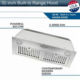 30 inch Insert Range Hood 600 CFM;  Built-in Stainless Steel Range Hoods with Right Button Controls and Back LED Lights; Kitchen Hood for Over St