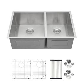 Lordear Undermount Kitchen Sink Double Bowl 18 Gauge Gunmetal Black Stainless Steel Sink (Color: Stainless Steel, size: 32-6/4)
